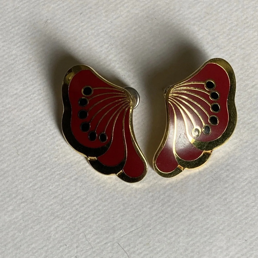 Laurel Burch LE FLEUR Studs Deep Red Black and Gold Tone - Picture 11 of 11
